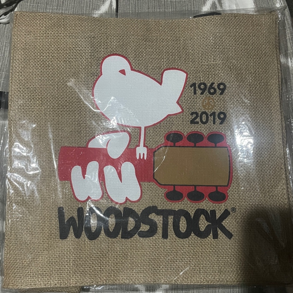 Woodstock burlap tote bag